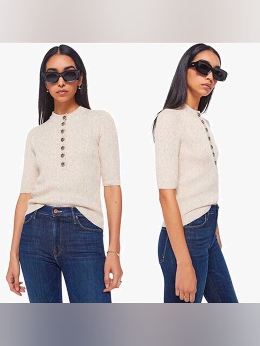 MOTHER Denim The Eye Catcher Henley Ribbed Knit Sweater Marshmallow Medium